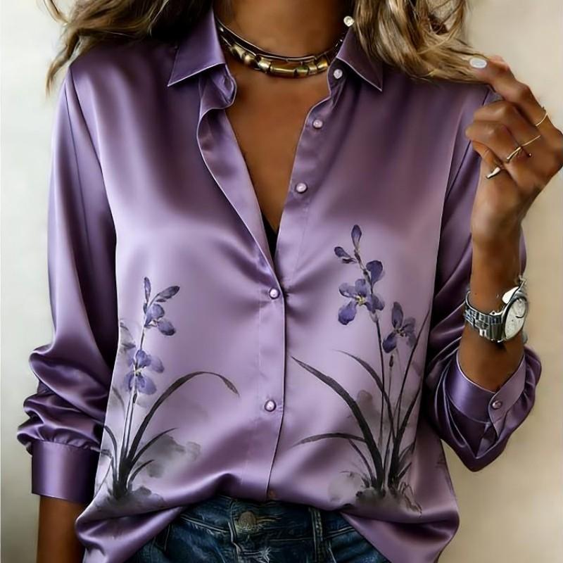 Women Satin Solid Base Ink Wash Orchid Print Shirt Long Sleeve Lapel Button‑Down Blouse Elegant Office Casual Ladies Multi‑Color Top