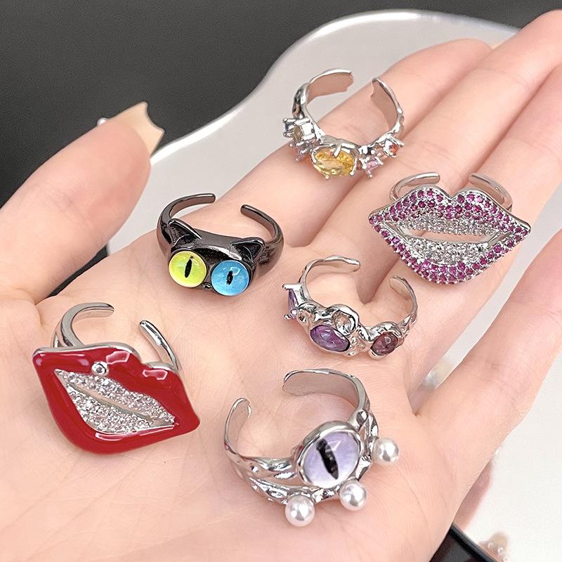 Red Lips Mouth Cat Eye Opening Ring Set Cold Style Personality Fashion Niche Design Ring Woman