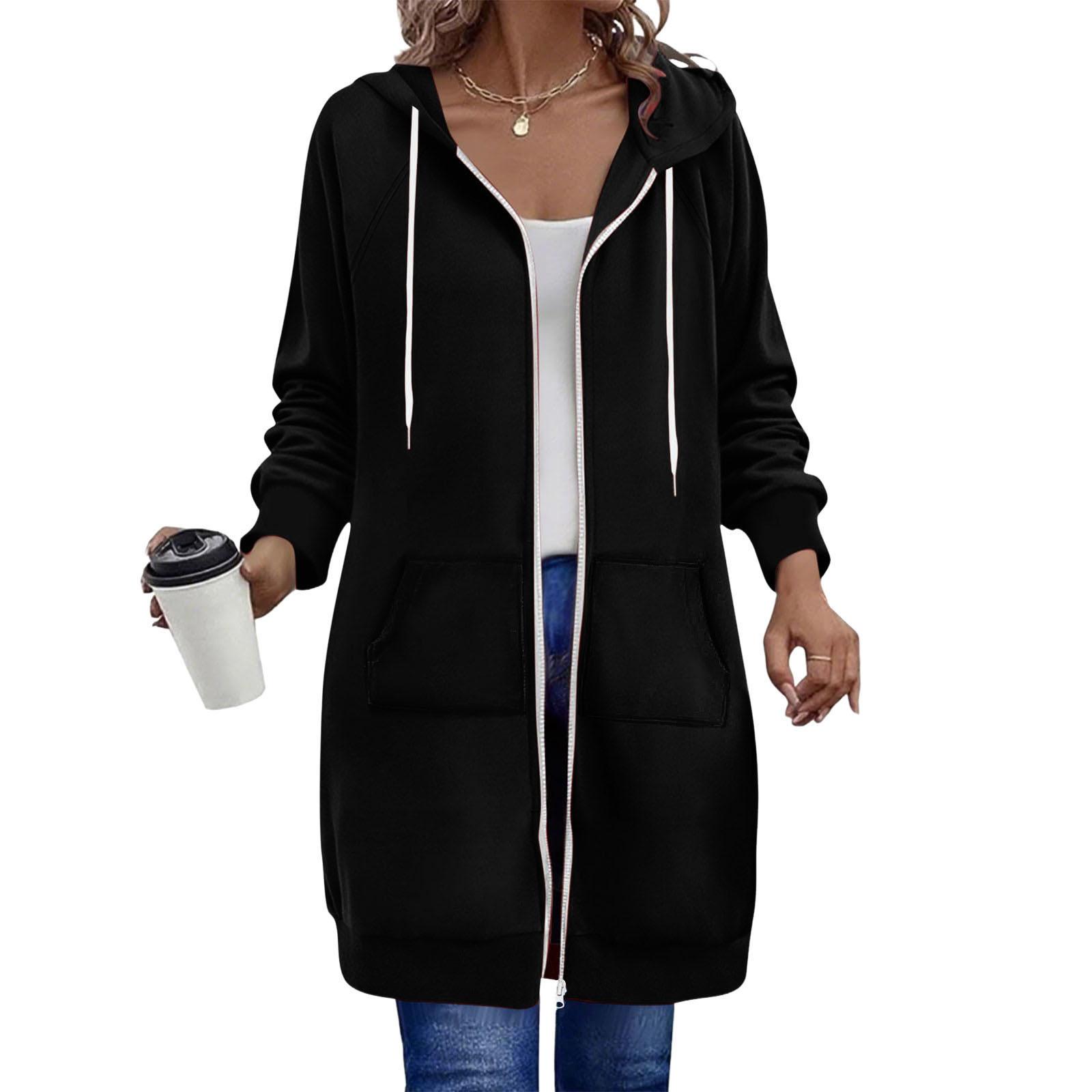 Women s Fashionable Loose-fitting Long-sleeved Casual Jacket With Zipper Hoodie L чёрный