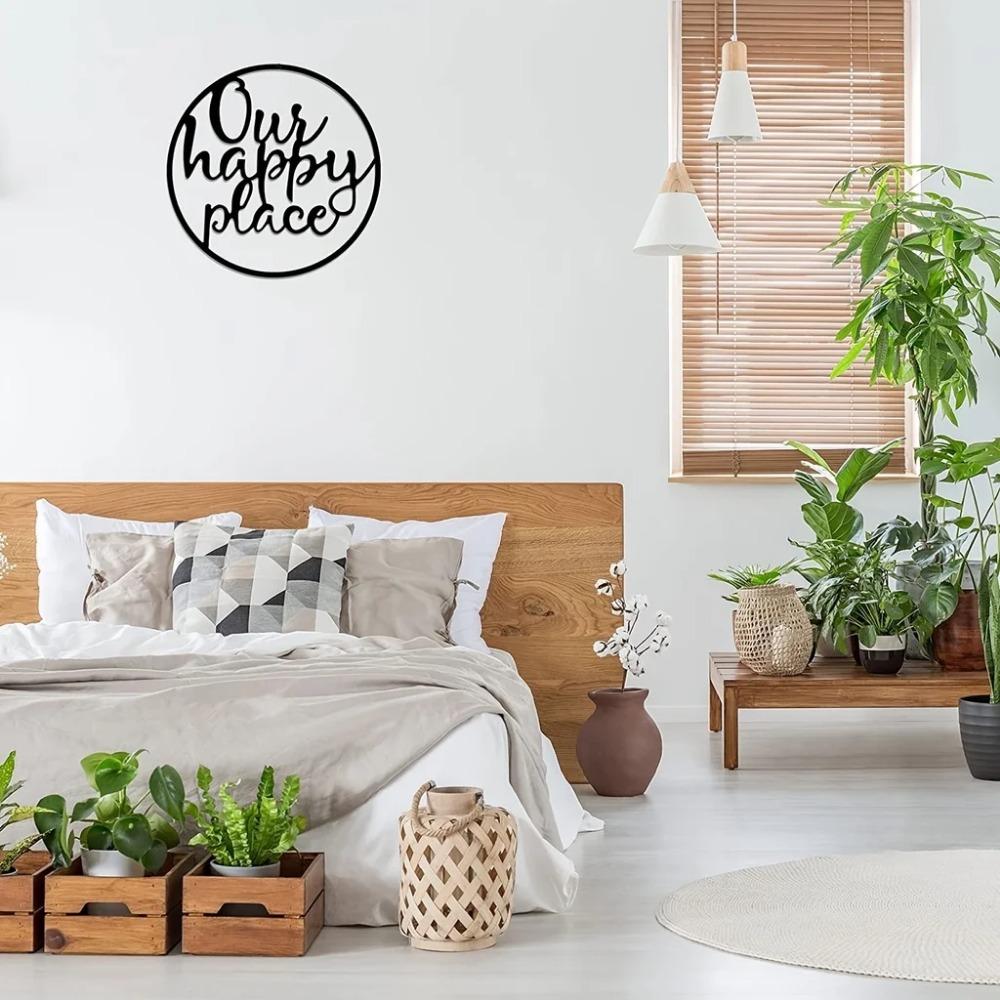 1pc Our Happy Place Metal Wall Sign – Elegant Outdoor Plaque, Stylish Metal Wall Hanging Art for Home Decor, Charming Wall Sign