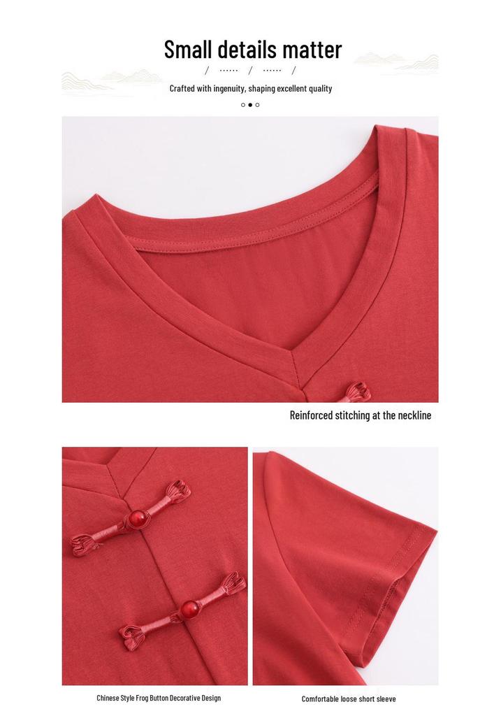 2026 Summer Women's Loose V-Neck Cotton T-shirt with Frog Button - Solid Color, Chinese Style
