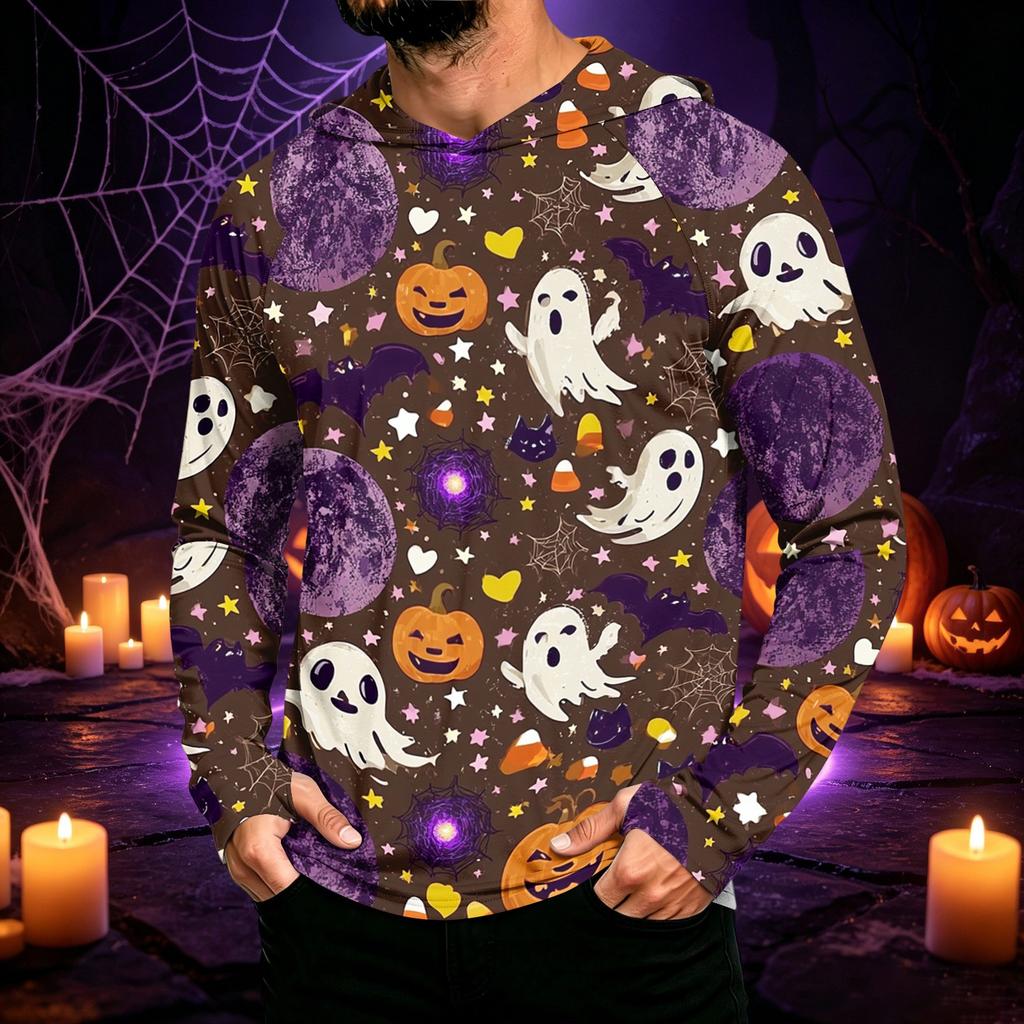 Men's Long Sleeve Hooded Sun Shirt with Halloween Print