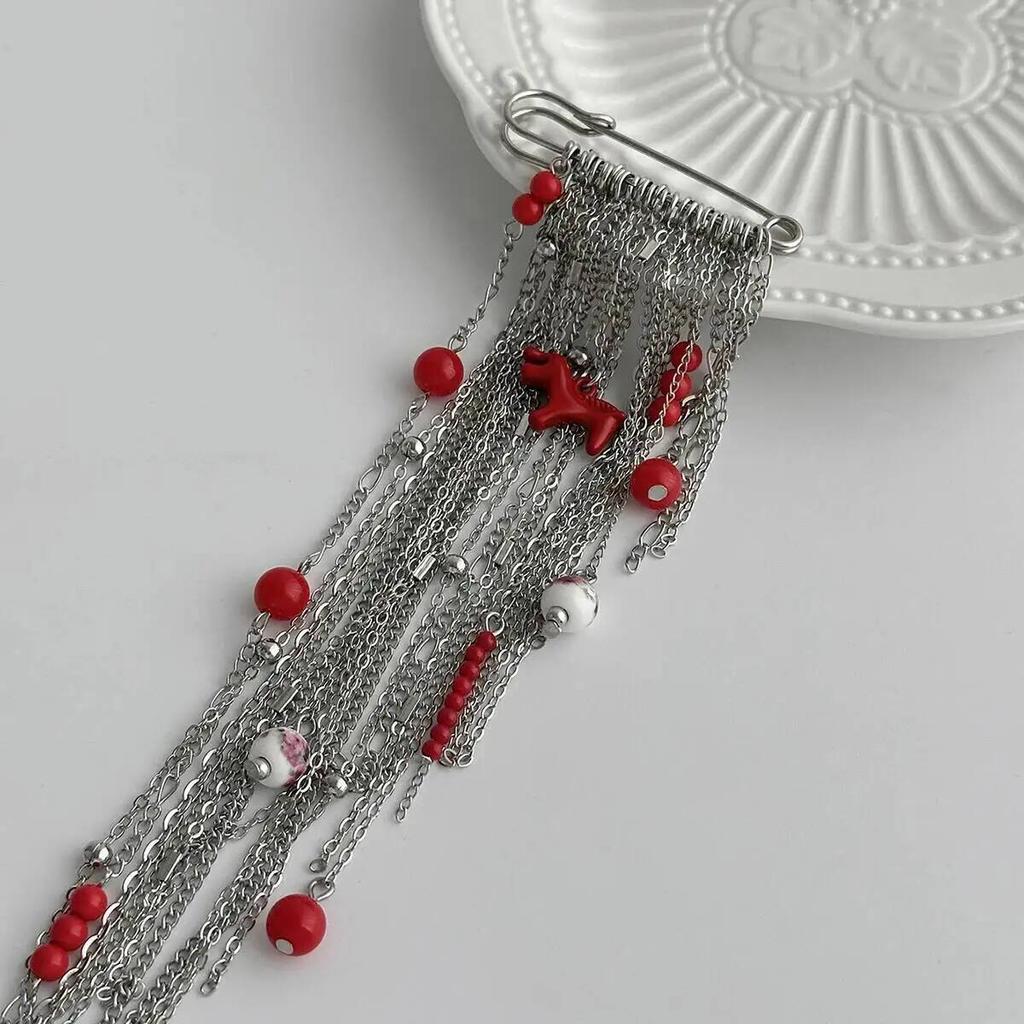 Salircon Fashion Exquisite Mini Red Horse Pendent Brooch Punk Long Tassel Chain Brooch Suit Decoration Clothes Accessory New