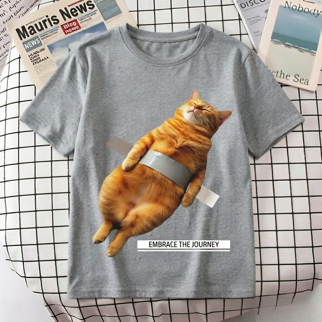 Oversized Funny Cat Tee Embrace The Journey Tape Orange Cat Print Soft Cotton Tshirt S