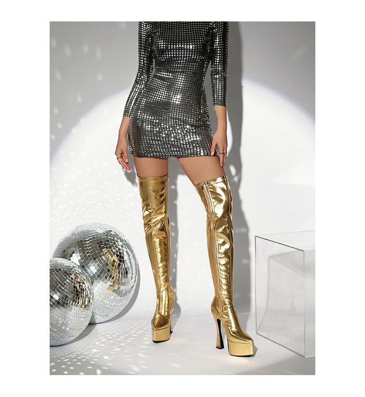 Women's Stretchy Slimming Gold/Silver Super High Heel Platform Over-the-Knee Boots for Runway Show
