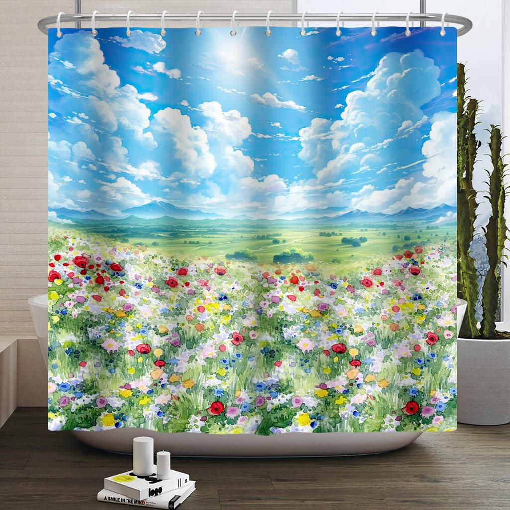 Dreamy Nature Dandelion Shower Curtain With 12 Hooks Cherry Blossom Background Flying Seed Waterproof Polyester Bathroom Curtain