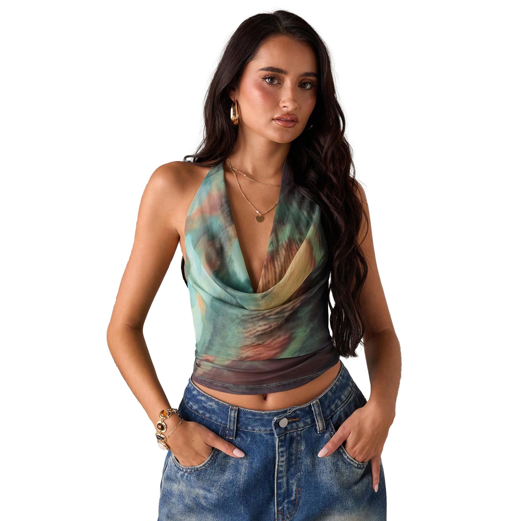 D9985 Amazon hot-selling European and American women s clothing, sexy neck swing collar lace-up vest mesh top (double layer) S