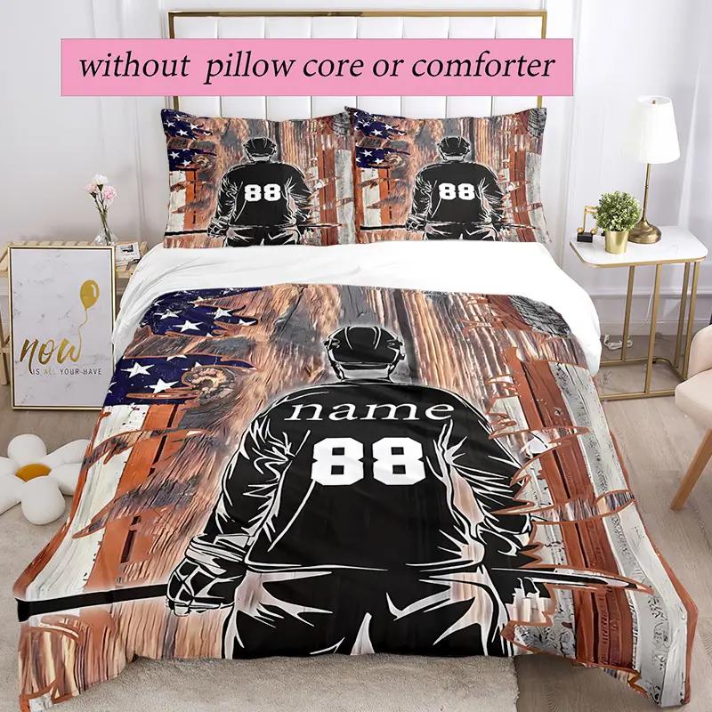 Hockey Player Duvet Cover Set Sports Theme Breathable Polyester Bedding Digital Print Machine Washable