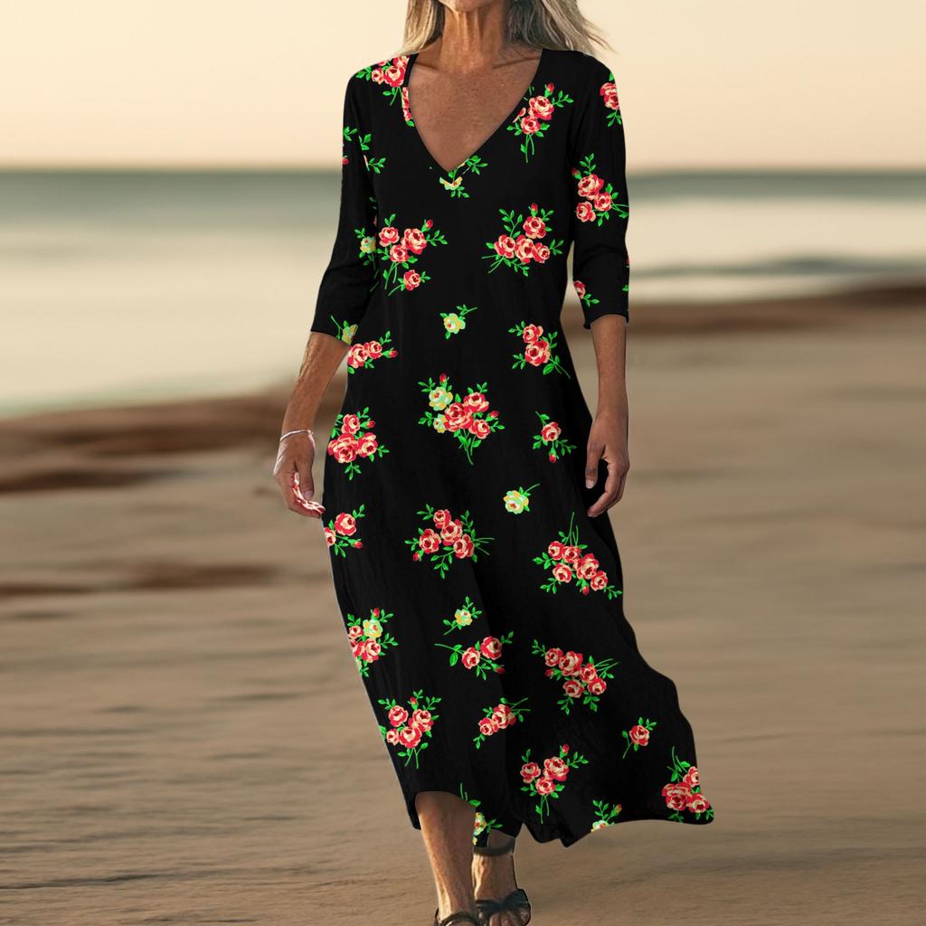 Dresses For Womens Vintage Print Tunic Waisted Midi Dress Summer Casual  3/4 Sleeve Dress