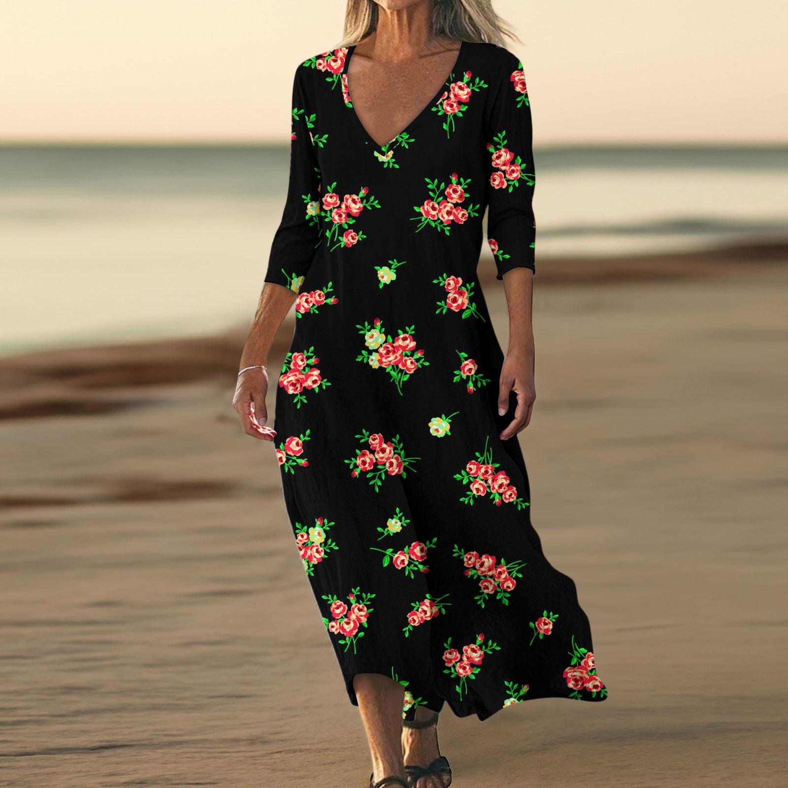 

Платья для женщин Винтажный принт Туника с завышенной талией Миди-платье Летнее повседневное Платье с рукавом 3/4 XL чёрный