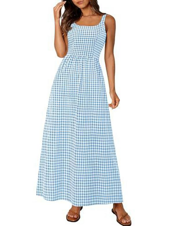 European & American Style Square Neck Plaid Shirred Dress - Fashionable Strappy Casual Women's Dress