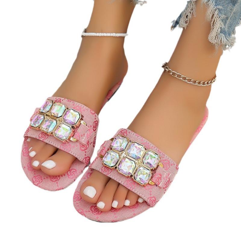 Large Size One-word Cool Slippers Women's Gemstone Rhinestone Fashion Outer Wear Flat Bottom Cool Slippers Slippers