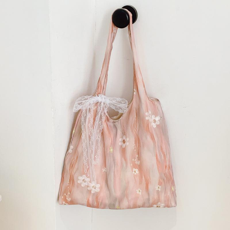

Сумка из холста с кружевной вышивкой и цветочным узором Xia Qing 2025 года, универсальная сумка через плечо большой вместимости розовый