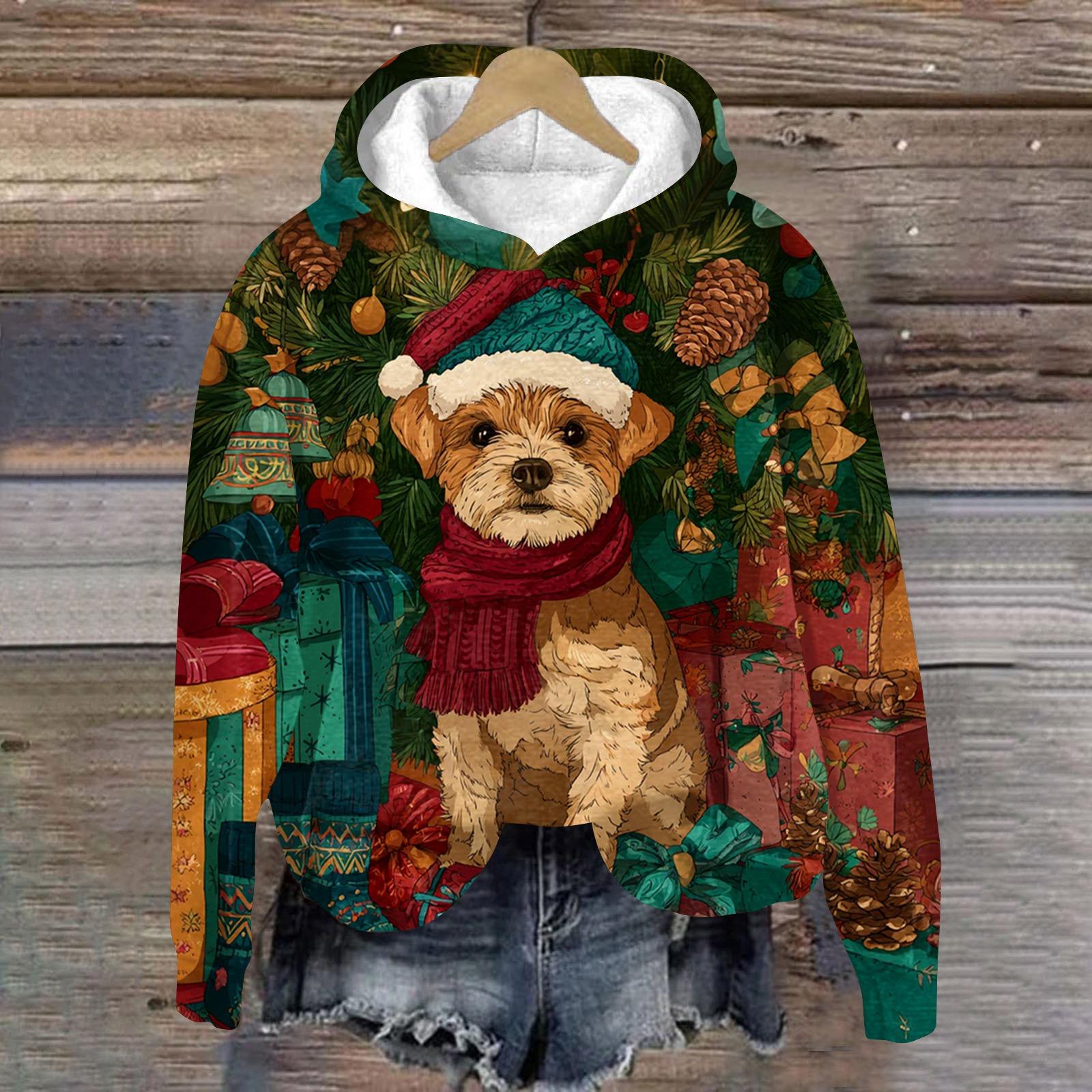 

Women s Fashion Long Sleeve Christmas Print Loose Hooded Sweatshirt Top L армія зелений колір