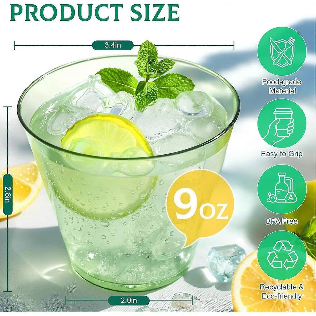 9 Oz Clear Plastic Cups Green Plastic Disposable Cups for Cocktail 50 Pack Fancy Cocktail Cup for Party Stemless Wine Glasses for New Year Wedding Tha