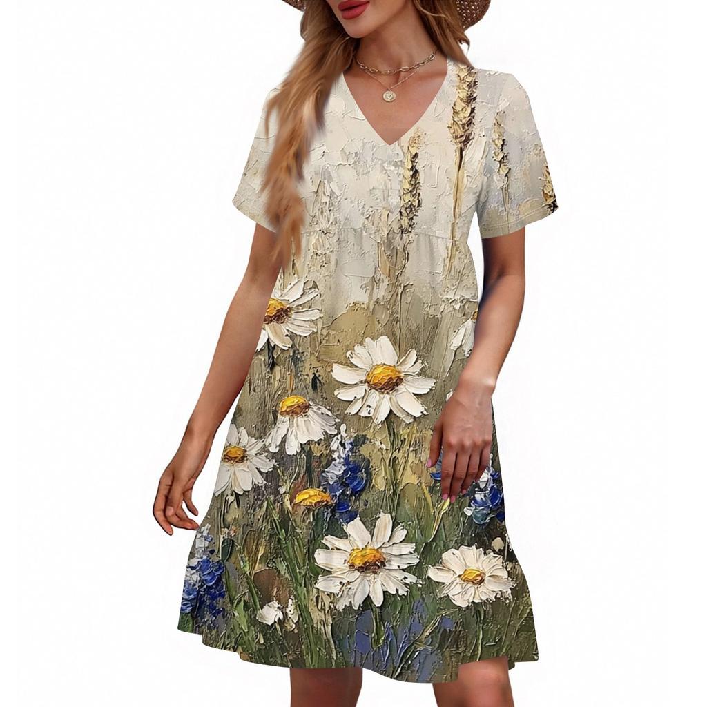 Women's Casual Fashion V-Neck Short Sleeve Floral Print Dress