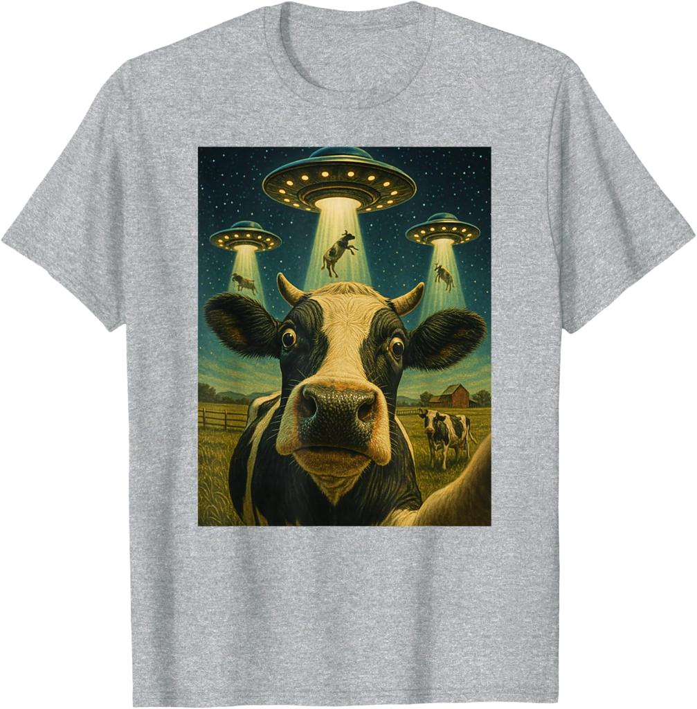 Funny Cow Abduction Selfie UFO Alien Graphic Tee T-Shirt Casual Daily Wear