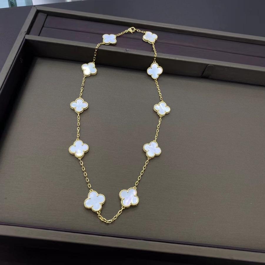 

Four-leaf Clover and Ten-flower Necklace White Mother-of-pearl and Agate Choker v-gold
