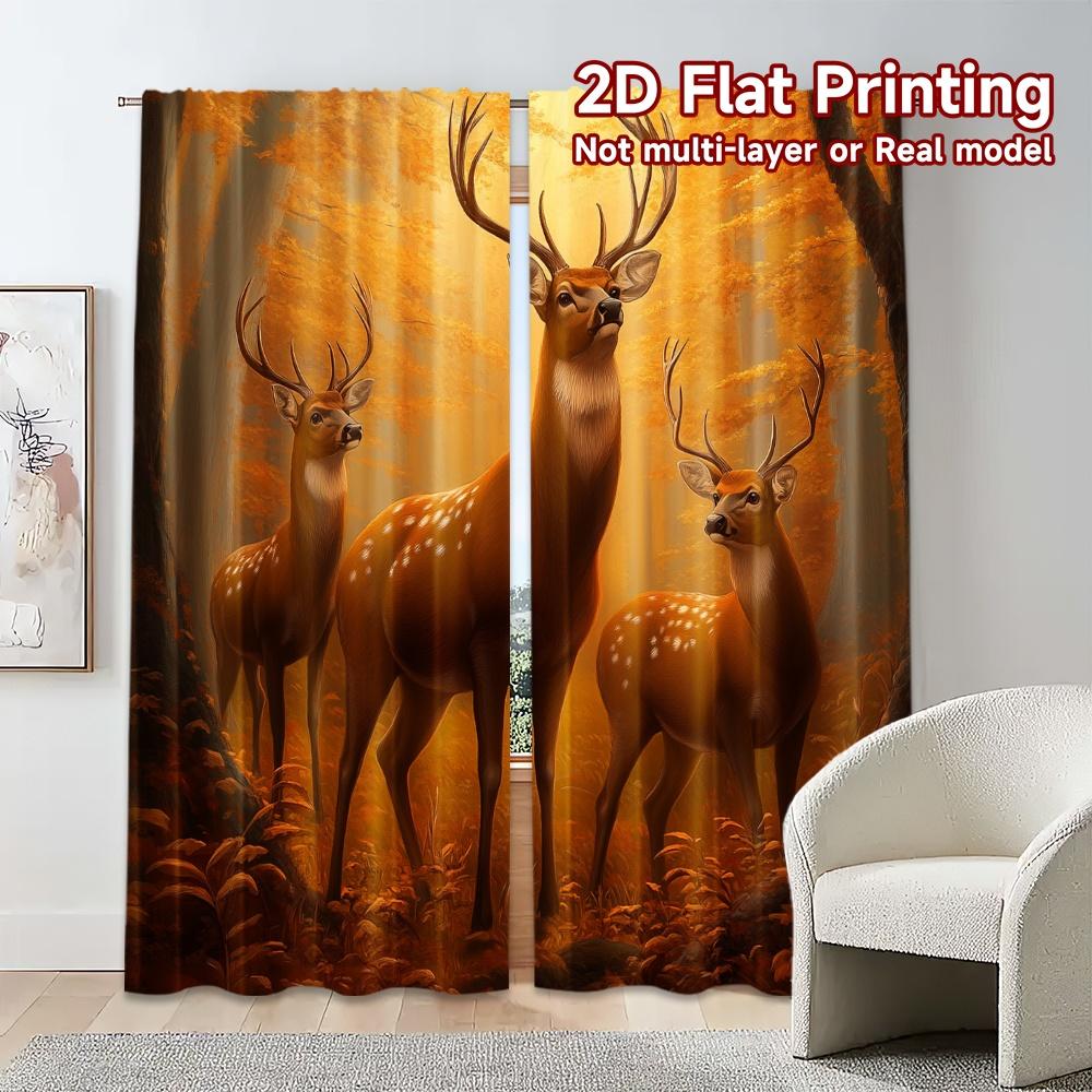 2pcs,Curtains Autumn Deer Forest Warmth (3) Pattern Chic Curtains Prints Light Filtering Curtains Thermal Insulation, and Room