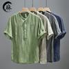 Men's Linen Blend Henley Shirt Short Sleeve Stand Collar Casual Top
