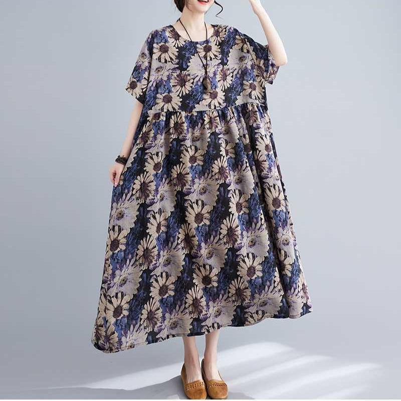 Loose and Fashionable Printed Cotton Linen Short Sleeved Casual Dress