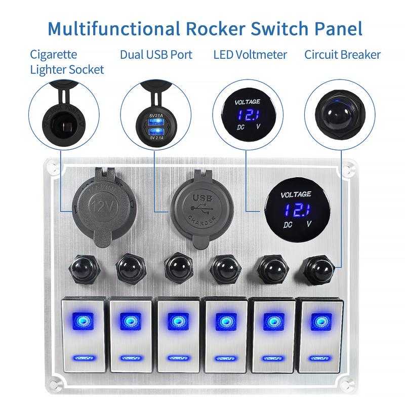 Metal 4/6 Gang with Car Boat Overload Protector Switch Panel Marine Led Rocker Switch Panel Digital Display Toggle Switches