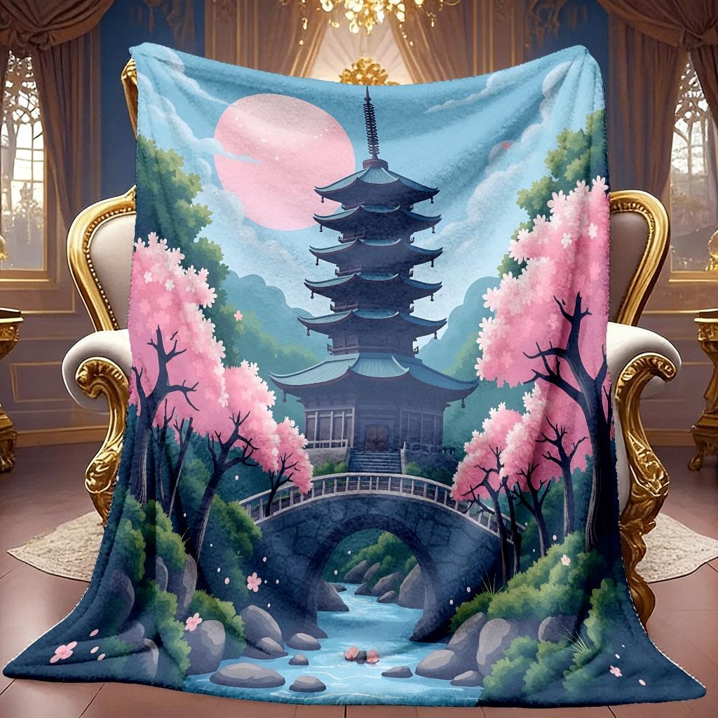 A 2D Japanese-style Pagoda, Cherry Blossom, and Flowing Water Bridge Themed Flannel Blanket, Featuring Soft High-definition Digital Printing. This Coo