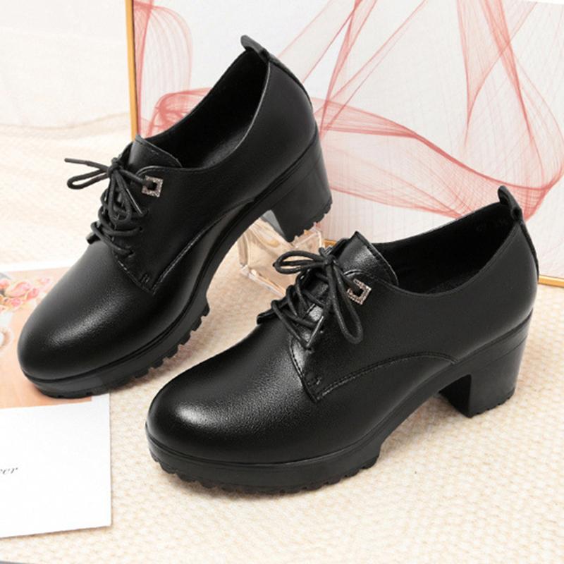 Spring Autumn lace-up Thick Sole Women Pumps Shoes High Heels Comfortable Breathable Square Heel Solid Soft Leather Shoes