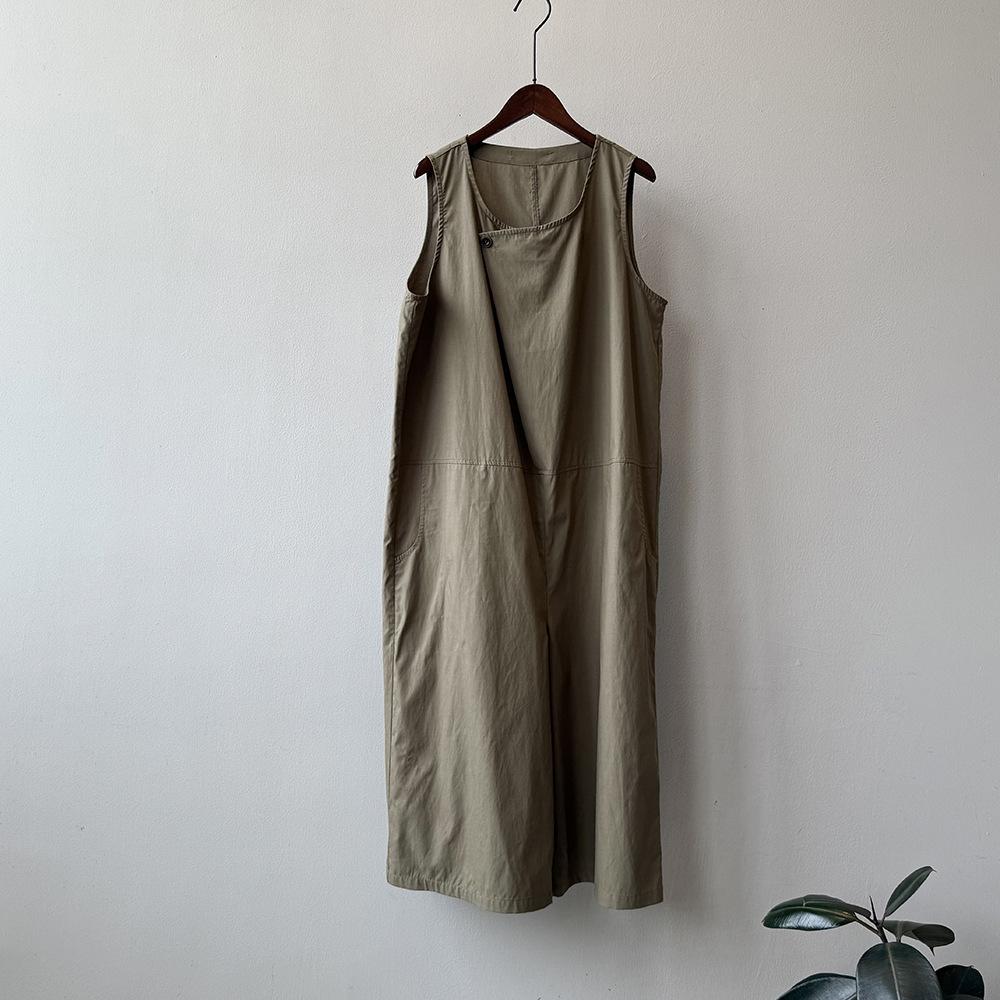 

Johnature Japanese Jumpsuits Women Summer Solid Color Sleeveless Loose Casual Loose Wide-leg Cropped Jumpsuits M армія зелений колір