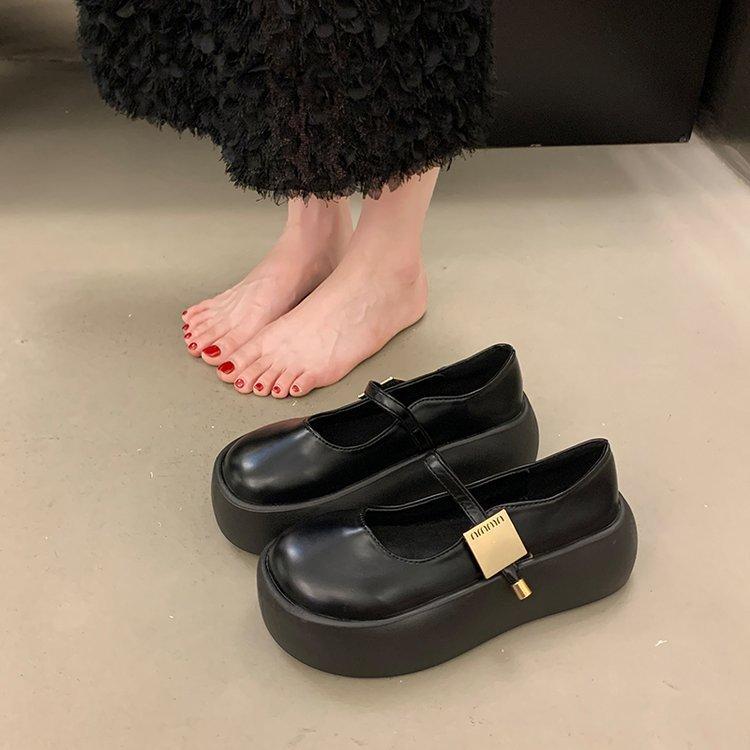 Fekete vastag alsó Mary Jane cipők női nyári kerek fejű retro magasító, sekély szájú cipők