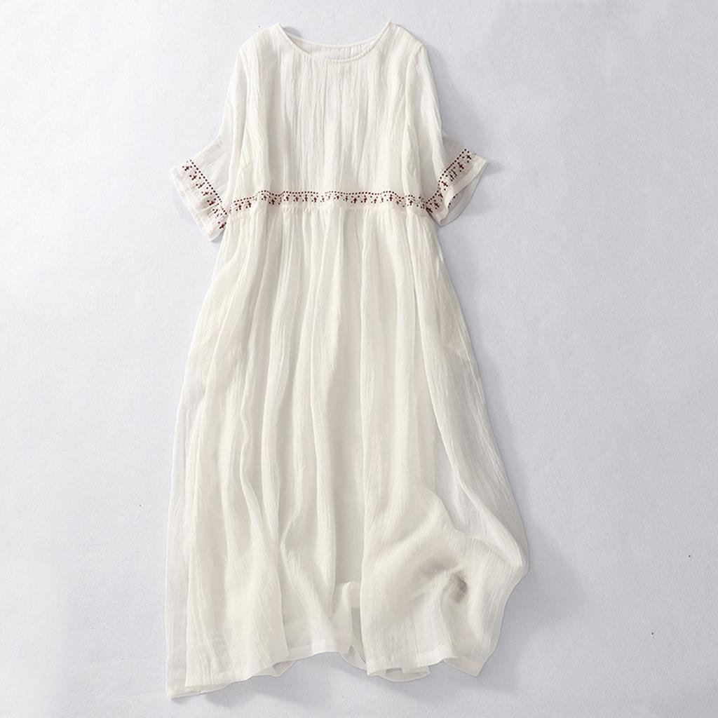 Damen-Kleid mit kurzen Ärmeln, einfarbig, Retro-Stickerei mit französischer Stickerei