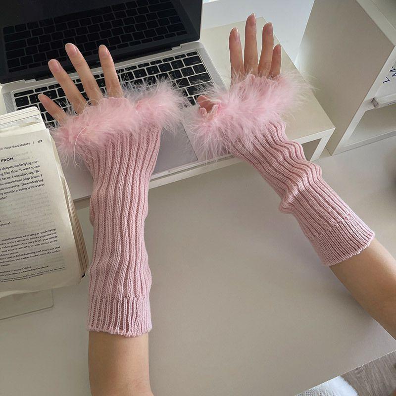

Millennium Y2g Sexy Retro Hand-Stitched Feather Lace Vertical Stripes Knitting Fall and Winter Heattech Gloves Fingerless Arm Sleeve Women Pink