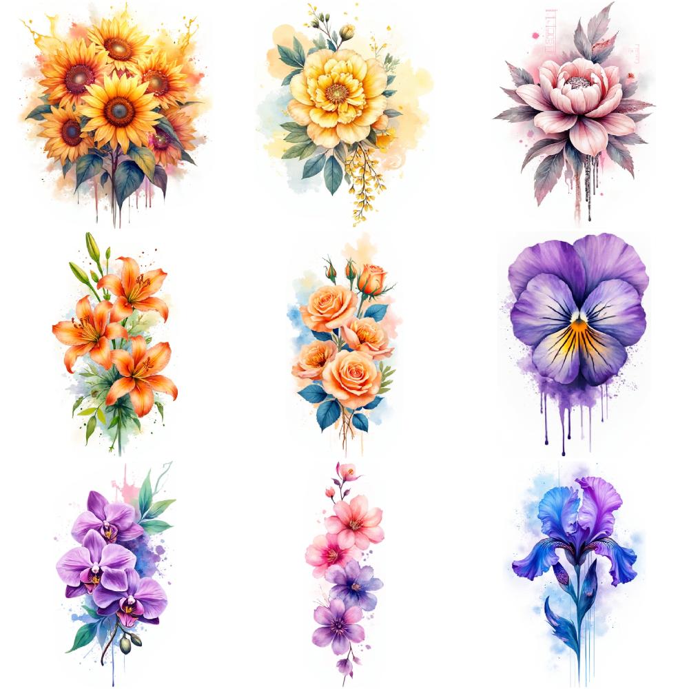 9pcs Temporary Tattoo Waterproof Long-lasting Body Stickers Sunflower Tulip Orchid For Chest Ladies Cheeks