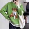 Harajuku Japanese Cute Bear Embroidery Sweater Women Y2K Kawaii Loose Jumper O-neck Winter Pullover Long Sleeve Black White