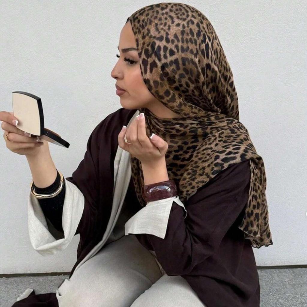 Women Ramadan Hijab Leopard Print Bohemian Watercolor Soft Muslim Hijabs Floral Breathable Shawl Wrap Scarf Islamic Turban