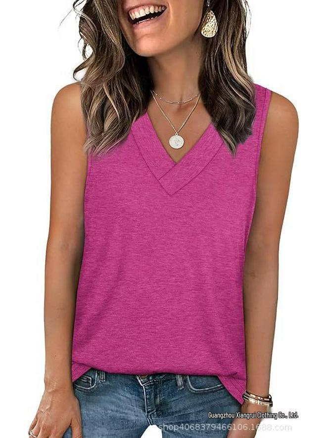 2026 Women's V-neck Casual Loose Sleeveless Summer Shirt - Solid Color, New Arrival
