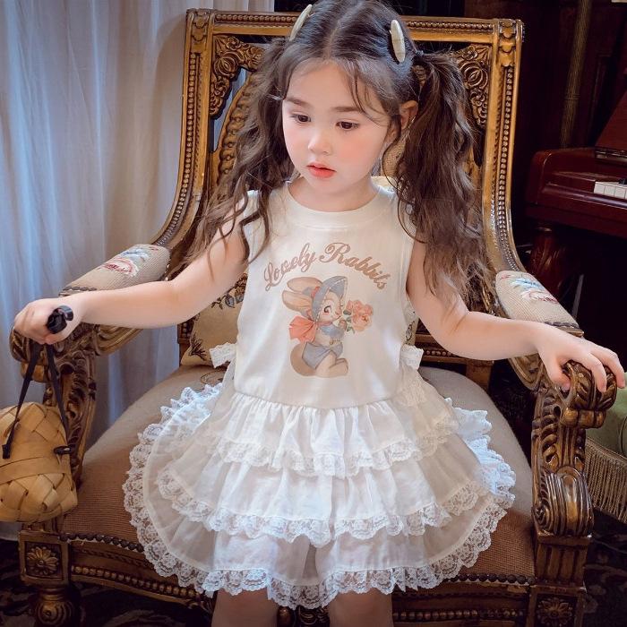 Girls Summer Cartoon Lace Spliced Sleeveless Cake Dress Sweet Princess Vest Dress 90
