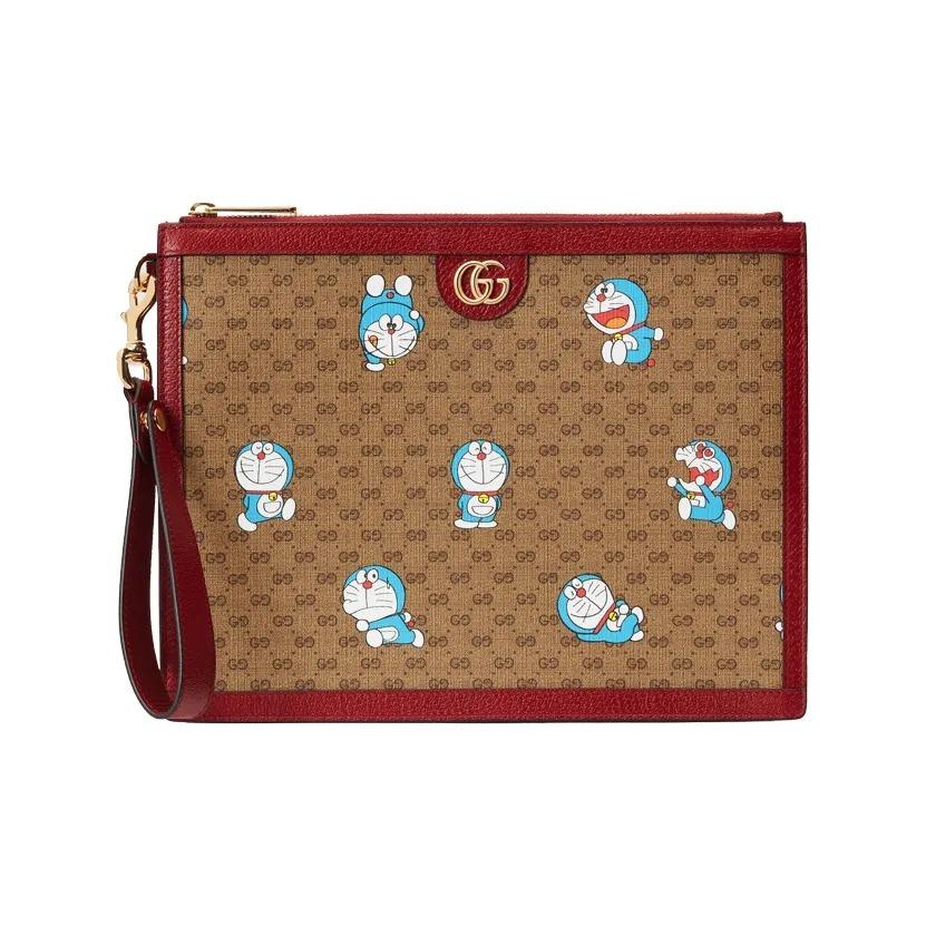 Gucci X Doraemon Collaboration Monogram Logo Canvas & Leather Clutch Unisex Style Ebony/Red