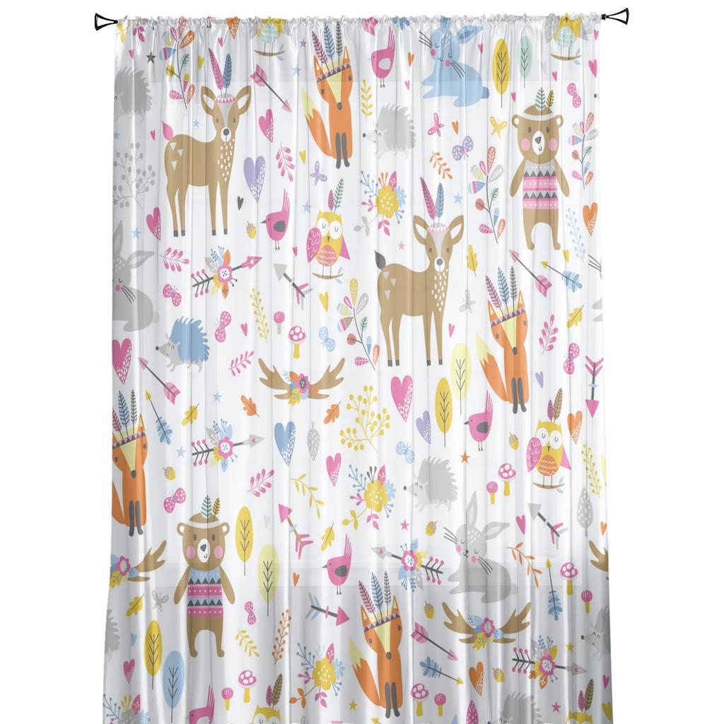 Autumn Forest Cartoon Animals Bear Fox Owl Sheer Curtains for Windows Tulle Curtains for Living Room Bedroom Children Room Decor