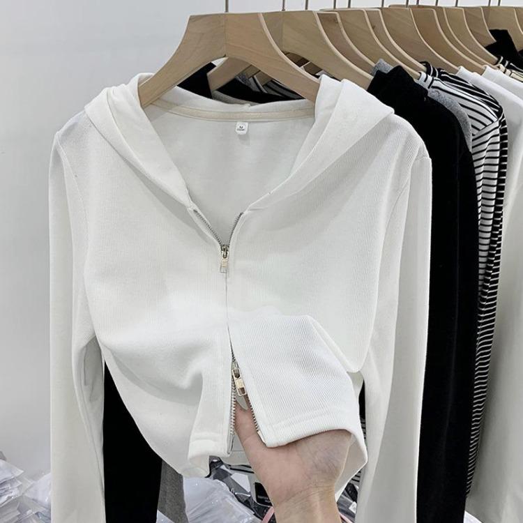 Women Slim Cardigan Jacket Hooded Autumn Winter Short Design Double Zipper 3XL светло-серый