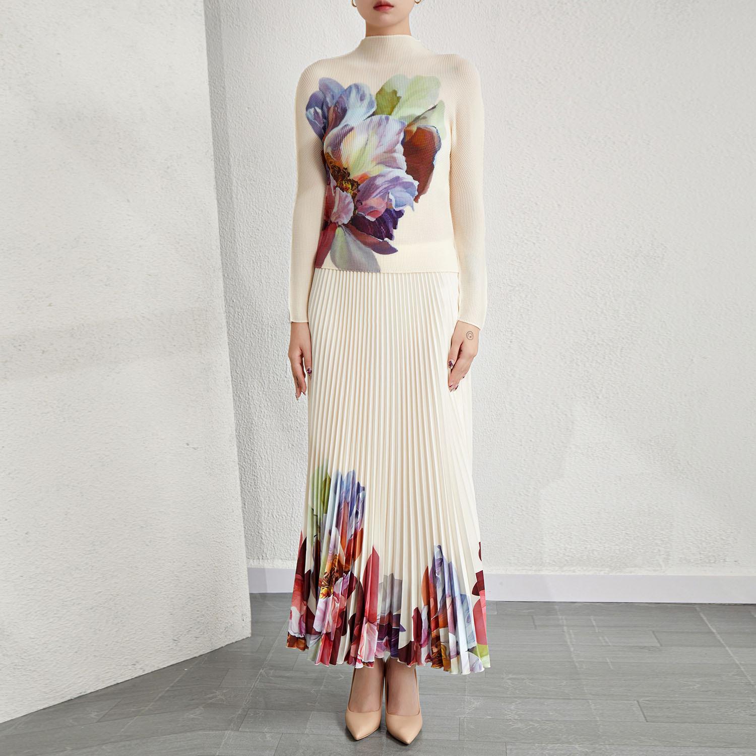 

Женский плиссированный цветочный комплект из двух частей: Футболка и юбка с длинным рукавом и воротником-стойкой One Size Top