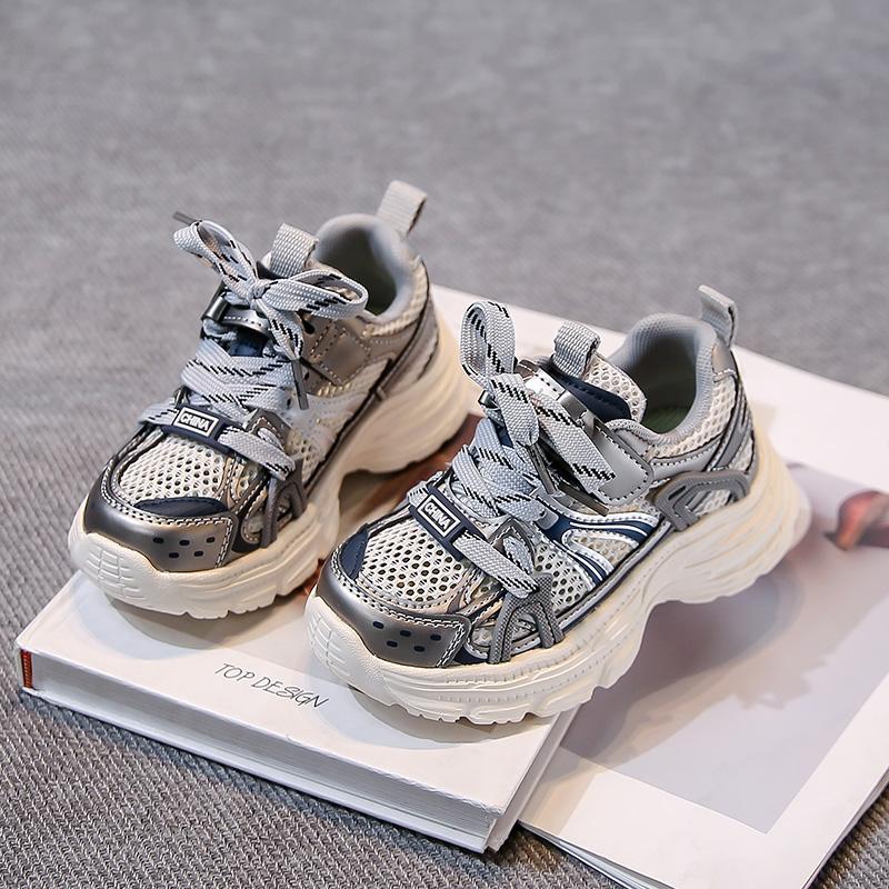Boys Running Shoes Mesh Breathable Girls Sneakers Thick Soft Sole Comfort 2025 New Children Sports Shoes Hook&loop Non-slip