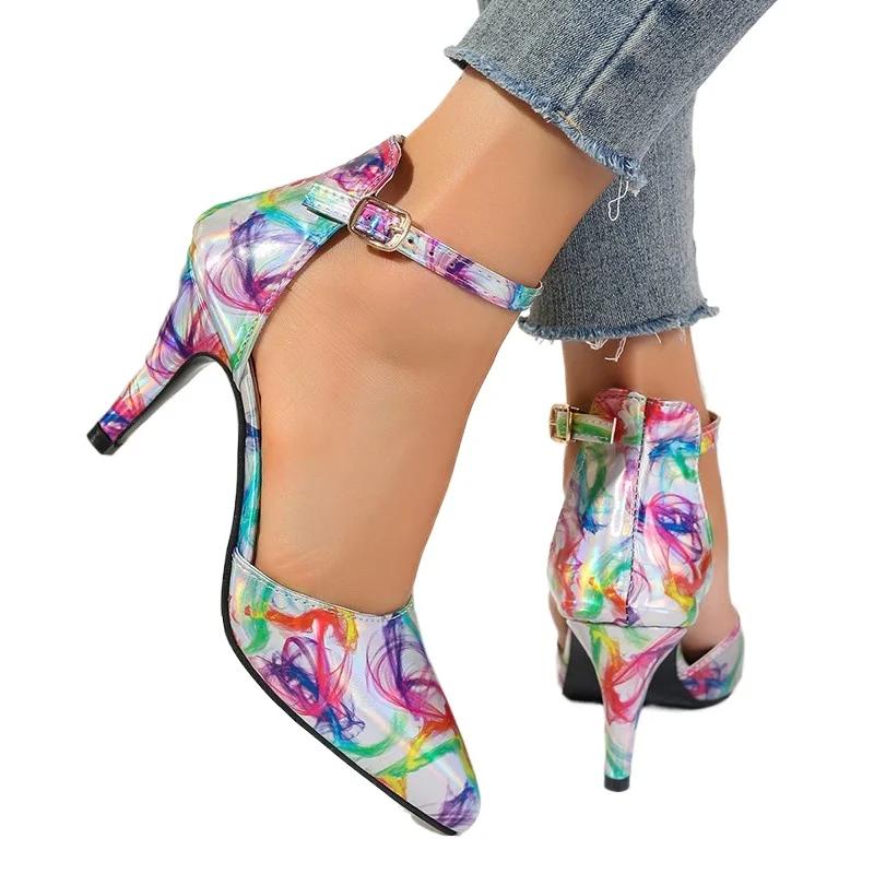 Fashion Ladies Shoes Fashion Ankle Strap Women Pumps Spring Pointed Toe Shallow Mixed Colors Buckle Dress Stilettos or Thin Heels Shoes