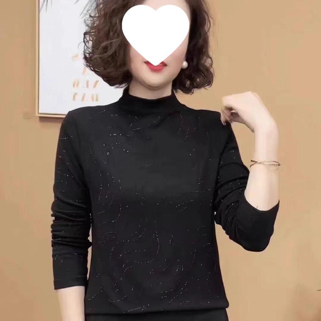 Autumn/Winter Heavy Drilling High Neck Long Sleeve Tummy Concealing Age-Reducing Top for Middle-Aged & Elderly Women