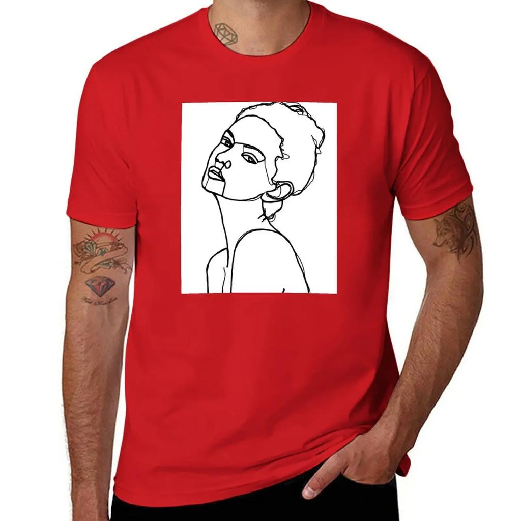 Woman's Face One Line Illustration - Adel T-Shirt Blacks Short Sleeve Tee Aesthetic Clothes Oversizeds T Shirts for Men Cotton