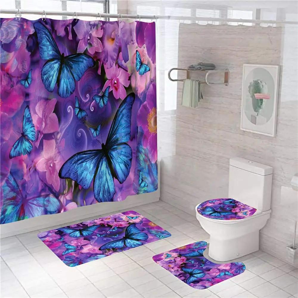 Big Butterfly Beautiful Polyester Shower Curtain Set Bathroom Set Waterproof Curtains Bath Mat Set Toilet Lid Cover 4 Pcs Decor
