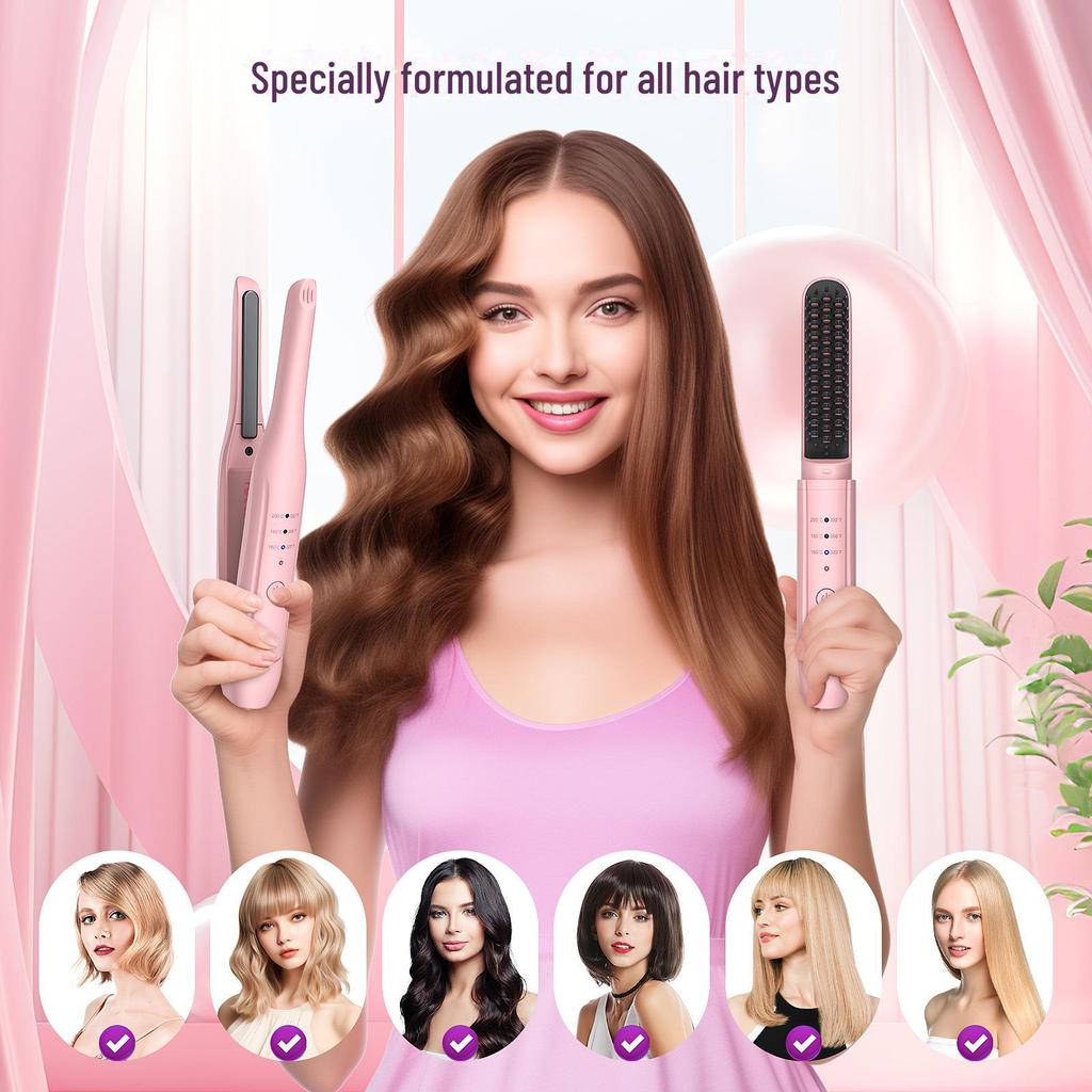 Korean Portable Ionic Hair Straightening & Curling Comb - Dual Purpose Wireless Set