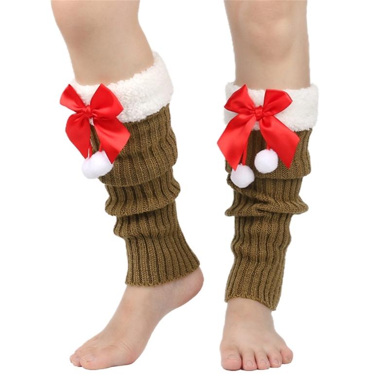 Christmas Fleece Trim Warm Leg Warmers Sweet Plush Balls Bows Knitted Boot Covers Festival Footless Socks for Women
