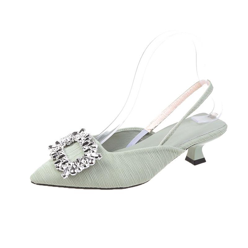 

Baotou sandals women s thin heels 2025 autumn new rhinestone square buckle fairy wind back empty French high heel pointed single shoes 40