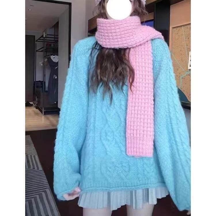 YUNSHU Retro Twisted Round-Neck Pullover Sweater for Women - Soft, Thick, Loose-Fit Knitted Top for Autumn and Winter